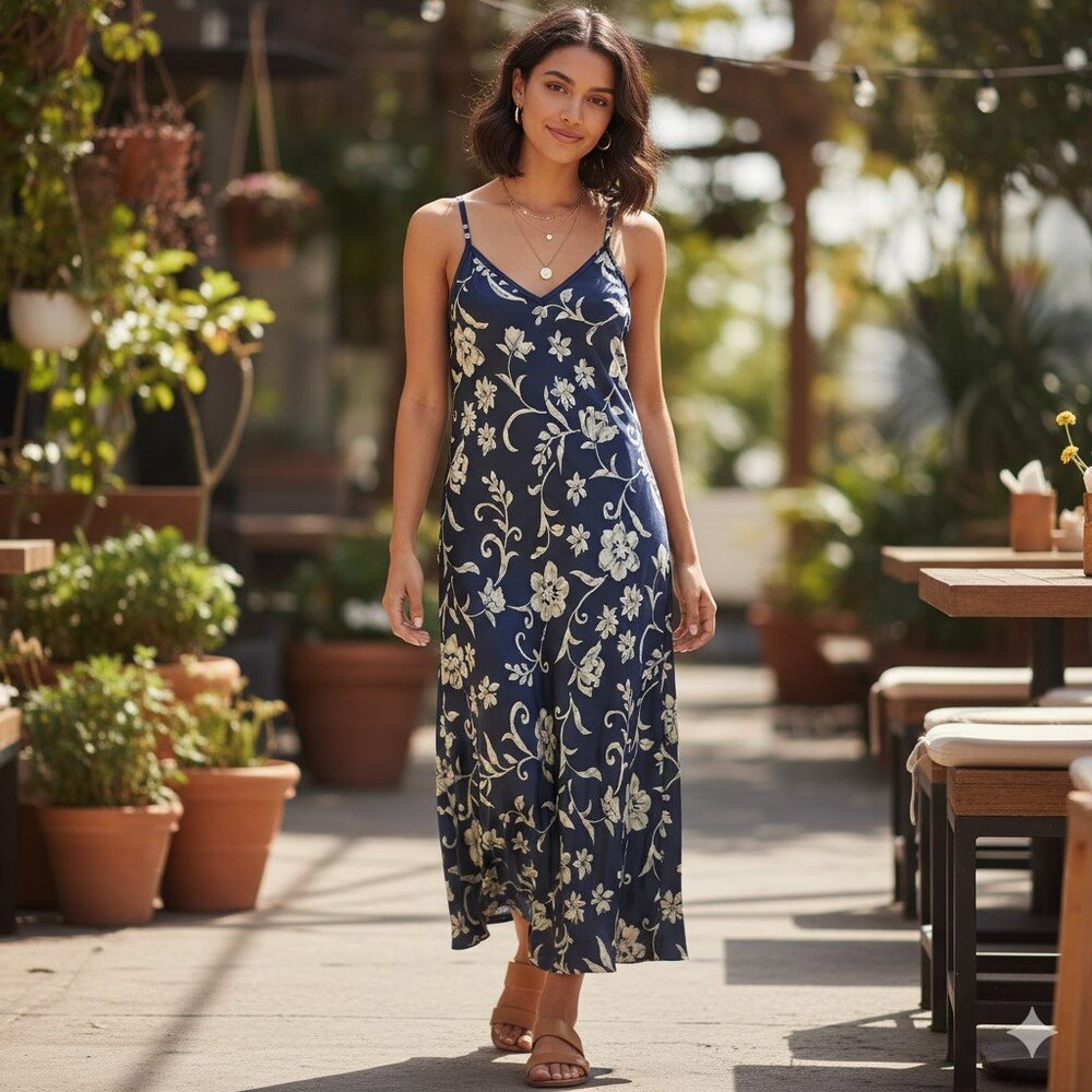 Vtg Jones New York Satin Midi Slip Dress Womens Small S Blue Floral Y2K BB14D